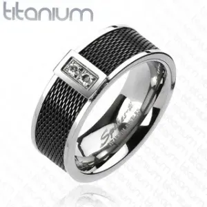 Prsten od titana - crni mrežasti uzorak, dva prozirna cirkona - Veličina: 59