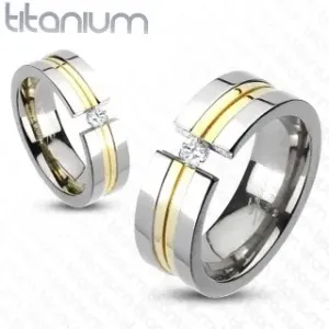 Prsten od titana - dvije zlatne linije, cirkon - Veličina: 62