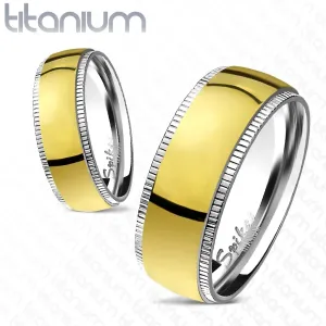 Prsten od titana - široka sredina zlatne boje s nazubljenim rubovima - Veličina: 49