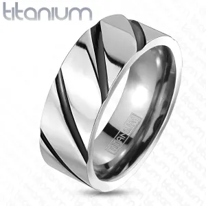 Prsten od titana - sjajna srebrna pruga, crne dijagonalne linije - Veličina: 56