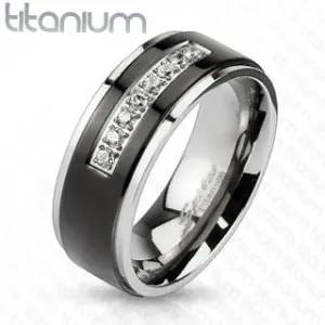 Prsten od titana srebrne boje, crna pruga, sjajni rubovi, linija prozirnih cirkona - Veličina: 60