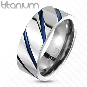 Prsten od titana srebrne boje, visoki sjaj, plavi kosi utori - Veličina: 49