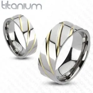 Prsten od titana - srebrni sa zlatnim prugicama - Veličina: 62