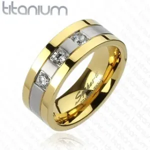 Prsten od titana - zlatna i srebrna boja, tri cirkona - Veličina: 59