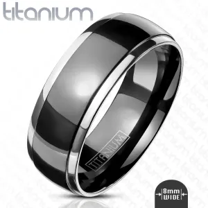 Širi prsten od titana - gladak sa uzdignutim crnim centrom i srebrnim rubovima, 8mm - Veličina: 65