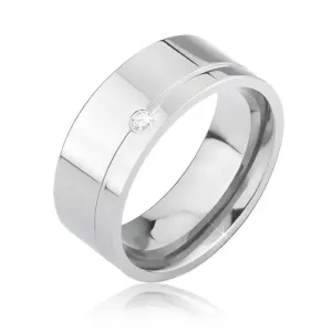 Sjajni srebrni prsten izrađen od titana s utorom i prozirnim kamenom - Veličina: 59