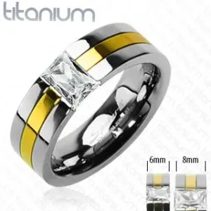 Vjenčani prsten od titana s trakom zlatne boje i cirkonom - Veličina: 64