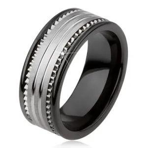 Crni keramički prsten od volframa sa srebrnom površinom i prugama - Veličina: 57