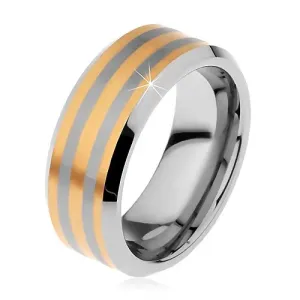 Dvobojni prsten od volframa sa tri pruge zlatne boje, sjajno-mat, 8 mm - Veličina: 57