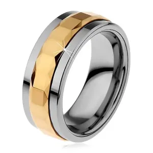 Prsten izrađen od volframa, srebrna i zlatna boja, rotirajuća srednja pruga sa kvadratima, 8 mm - Veličina: 61