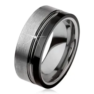 Prsten od volframa, dva ureza, srebrna i crna boja, sjajna mat površina - Veličina: 49