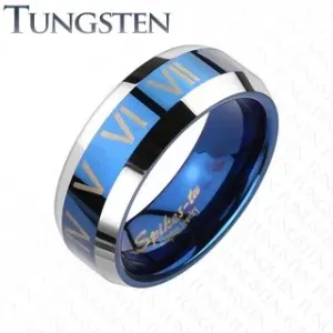 Prsten od volframa - plavi i srebrni rimski brojevi - Veličina: 70