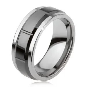 Prsten od volframa s usjecima, srebrna boja, sjajna crna površina - Veličina: 49