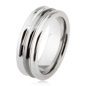 Prsten od volframa sjajne površine, dva ureza, crna i srebrna boja - Veličina: 62