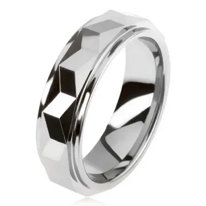 Prsten od volframa srebrne boje, brušena i izbočena geometrijska pruga - Veličina: 64