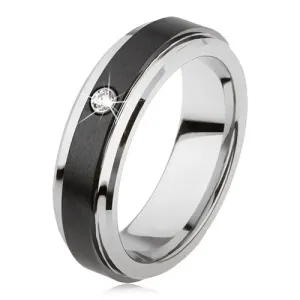 Prsten od volframa srebrne boje, crna keramička pruga, cirkon - Veličina: 57