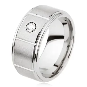 Prsten od volframa srebrne boje s usjecima, matirana siva površina, cirkon - Veličina: 59