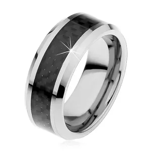 Prsten od volframa srebrne boje, srednja pruga od crnih vlakana, 8 mm - Veličina: 54