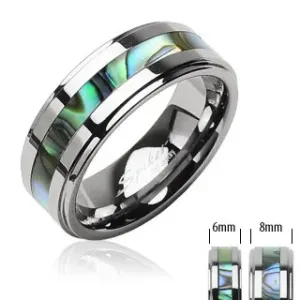 Prsten od volframa srebrne boje, srednja pruga sa uzorkom školjki - Veličina: 52, Širina: 6 mm
