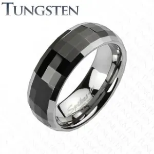Prsten od volframa u disko stilu - crni središnji dio, rubovi u srebrnoj nijansi - Veličina: 49
