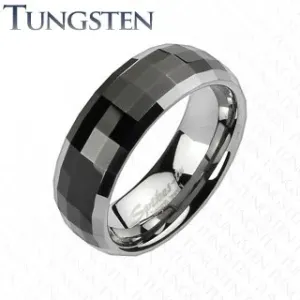 Prsten od volframa u disko stilu - crni središnji dio, rubovi u srebrnoj nijansi - Veličina: 64
