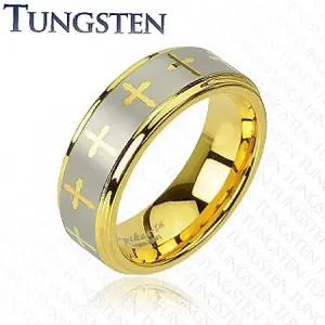 Prsten od volframa zlatne boje, križići i pruga srebrne boje, 8 mm - Veličina: 61