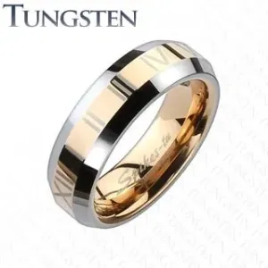 Prsten od volframa - zlatno-ružičasta pruga s rimskim brojevima - Veličina: 54