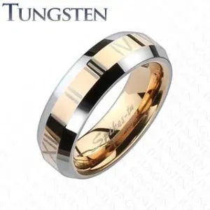 Prsten od volframa - zlatno-ružičasta pruga s rimskim brojevima - Veličina: 57