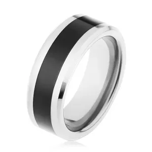 Sjajan prsten izrađen od volframa, dvobojni dizajn, crna pruga, brušeni rubovi - Veličina: 51