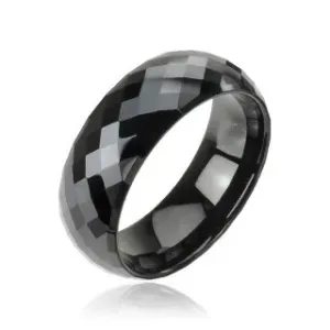 Sjajan prsten od volframa crne boje - brušeni rombovi, 8 mm - Veličina: 57