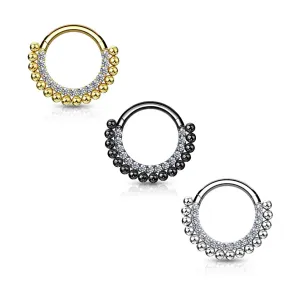 316L okrugli čelični piercing za nos - polukrug ukrašen sa malim cirkonima, sjajne perle, 6 mm, više boja - Boja: Crna