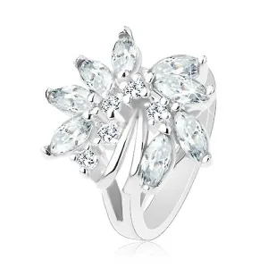 Blistavi prsten, srebrna boja, nepravilan cvijet od cirkona, sjajni lukovi - Veličina: 50, Boja: Čisto