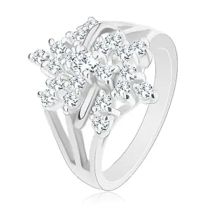 Blistavi prsten, srebrna boje, prozirni cirkonski cvijet, razdvojeni krakovi - Veličina: 48