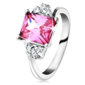 Blistavi prsten srebrne boje, pravokutni cirkon ružičaste boje - Veličina: 53