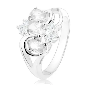 Blistavi prsten srebrne boje, razdvojeni krakovi, prozirni cirkonski ovali - Veličina: 52
