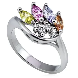Metalni prsten srebrne boje, krunu čine prozirni i cirkoni u boji - Veličina: 52