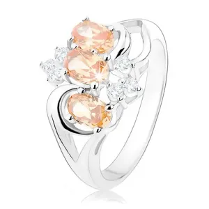 Prsten s razdvojenim krakovima, cirkonski ovali narančaste boje, prozirni cirkoni - Veličina: 56
