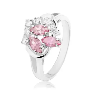 Prsten s razdvojenim krakovima, prozirni cirkoni, zrna ružičaste boje - Veličina: 59