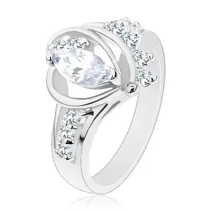 Prsten s razdvojenim krakovima, veliko prozirno zrno, sjajni glatki lukovi - Veličina: 50