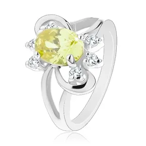 Prsten s razdvojenim krakovima, žuto-zeleni cirkonski oval, prozirni cirkoni - Veličina: 49