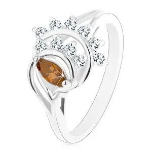 Prsten sa sjajnim razdvojenim krakovima, smeđe zrno, lukovi od prozirnih cirkona - Veličina: 52