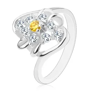 Prsten sa zakrivljenim krakovima, žuti cirkon okruglog oblika s prozirnim rubom, lukovi - Veličina: 52