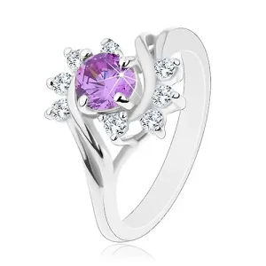 Prsten srebrne boje, okrugli ljubičasti cirkon, prozirni lukovi - Veličina: 52