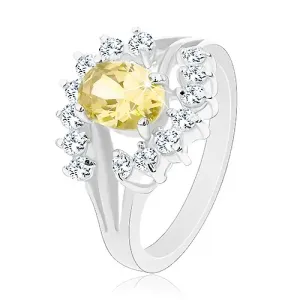 Prsten srebrne boje, ovalni cirkon žute boje, proziran luk - Veličina: 49