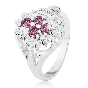 Prsten srebrne boje, ovalni cirkonski cvijet, sjajni razdvojeni krakovi - Veličina: 52