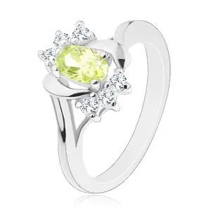 Prsten srebrne boje, ovalni svijetlo zeleni cirkon, lukovi, prozirni cirkoni - Veličina: 53