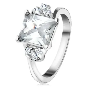 Prsten srebrne boje, pravokutni prozirni cirkon, tri mala cirkona - Veličina: 58