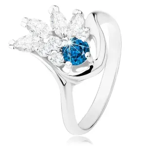 Prsten srebrne boje, prozirna cirkonska lepeza, tamno plavi cirkon - Veličina: 51