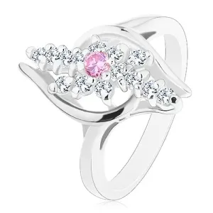 Prsten srebrne boje, prozirna cirkonska linija, roza cirkon u sredini - Veličina: 54