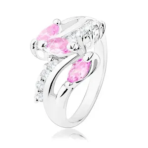 Prsten srebrne boje, prozirne cirkonske linije, ružičasta brušena zrna - Veličina: 53